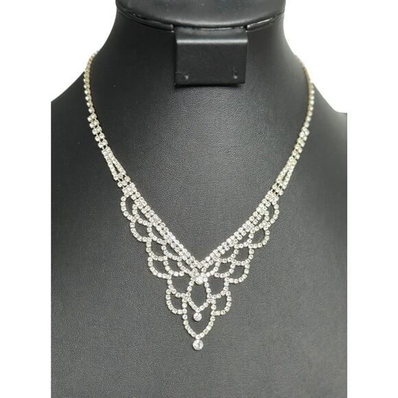3PC Bridal Set Silver Tone Luxurious Rhinestone Statement Necklace Earrings - Picture 1 of 4